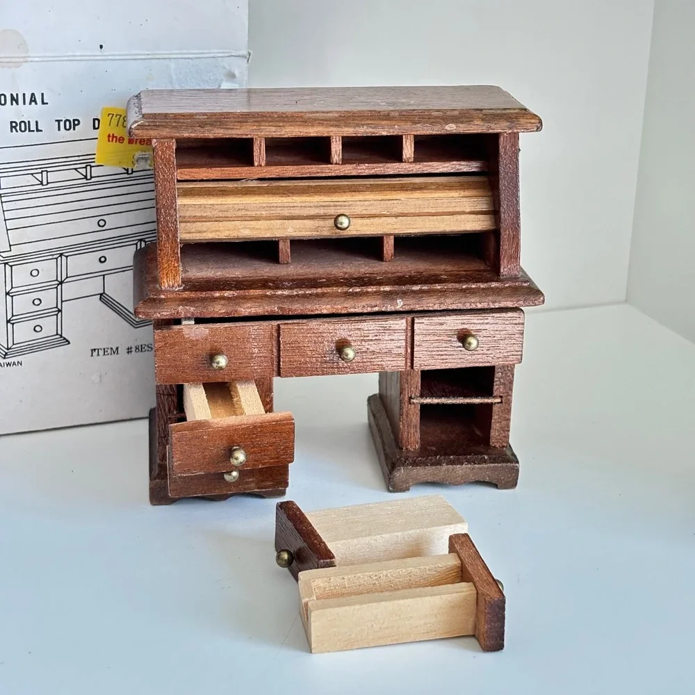 Vintage Colonial Miniature Roll Top Desk Taiwan Dollhouse‎ Furniture Wood